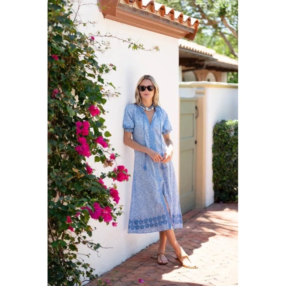 Julia Amory Zoe Dress Blue White Paisley Cotton Midi Embroidered XL NWT